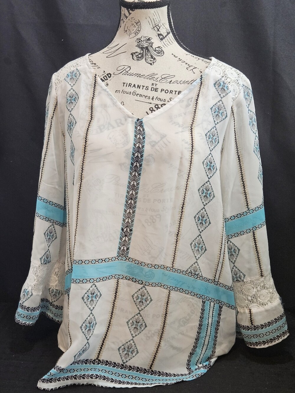 Fig & Flower Womens Small Boho Printed Blouse Sheer Lace Yoke V-Neck Top